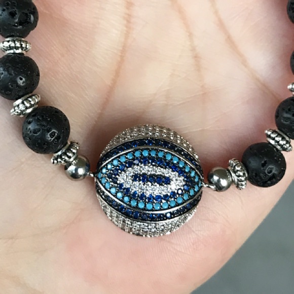 Evil eye bracelet . White gold plated cz charm & black Lava rock beads boho - Picture 5 of 11